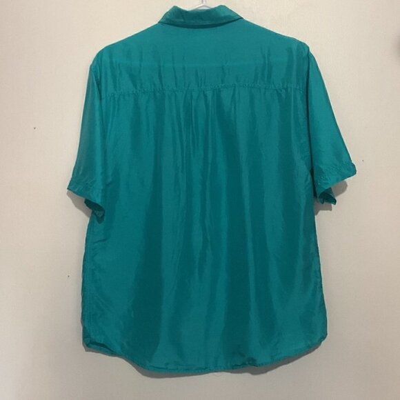 Vintage 90s H.E.R. 100% Silk Button Up Shirt Teal Blue Short Sleeve Medium - Picture 5 of 5